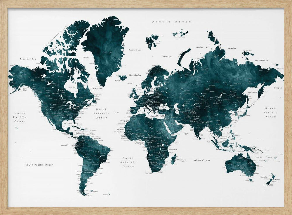Dark teal world map with cities, Makani | Poster