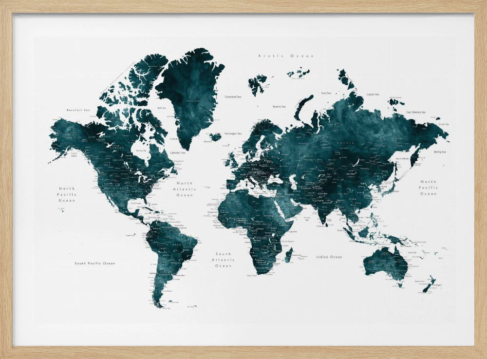Dark teal world map with cities, Makani | Poster