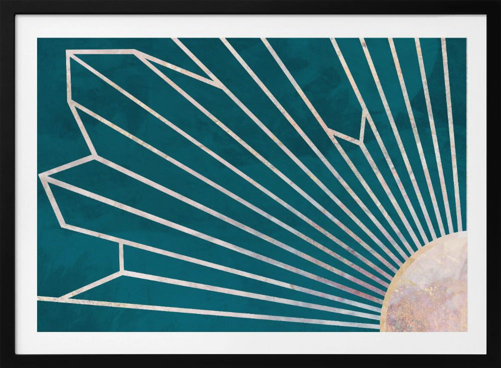 Gold geometric sun rays mural turquoise | Poster