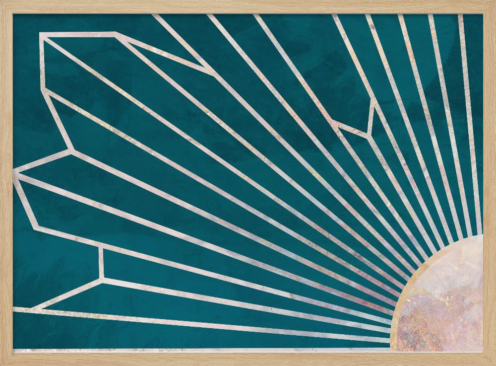 Gold geometric sun rays mural turquoise | Poster