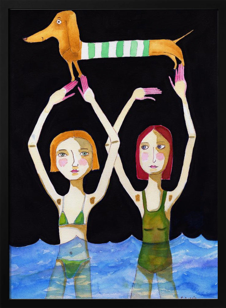 Swimming Girls with Sausage Dog | Poster
