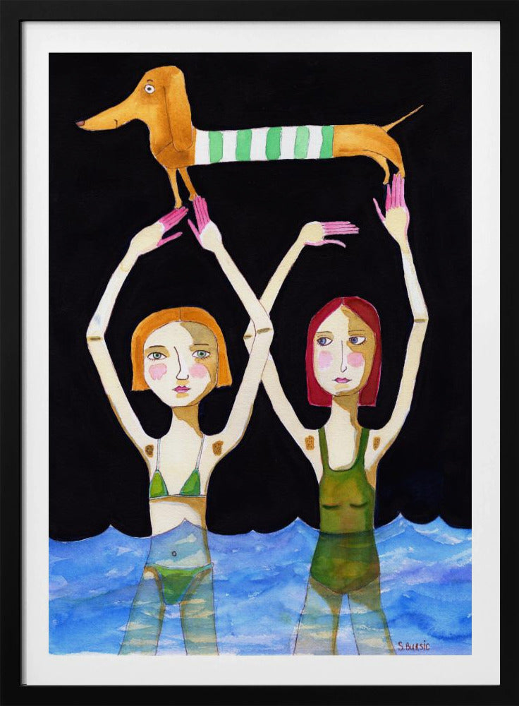 Swimming Girls with Sausage Dog | Poster