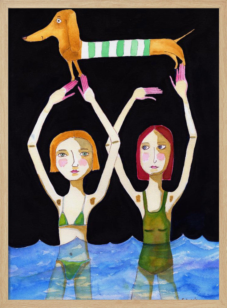 Swimming Girls with Sausage Dog | Poster