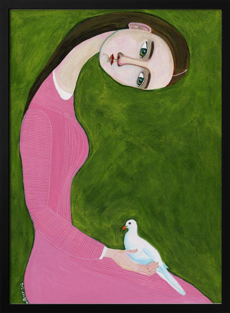 Girl with Dove sitting with pink dress | Poster