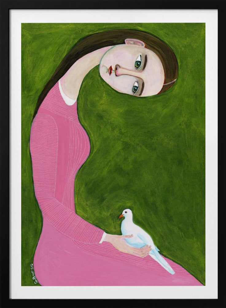 Girl with Dove sitting with pink dress | Poster