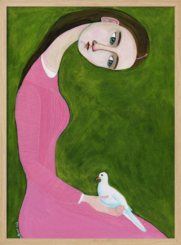 Girl with Dove sitting with pink dress | Poster