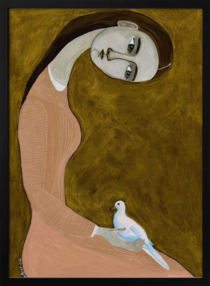 Girl with Dove sitting with pink dress | Poster