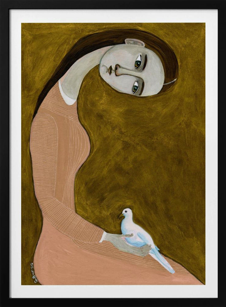 Girl with Dove sitting with pink dress | Poster