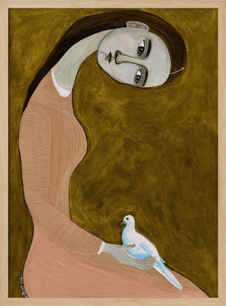 Girl with Dove sitting with pink dress | Poster