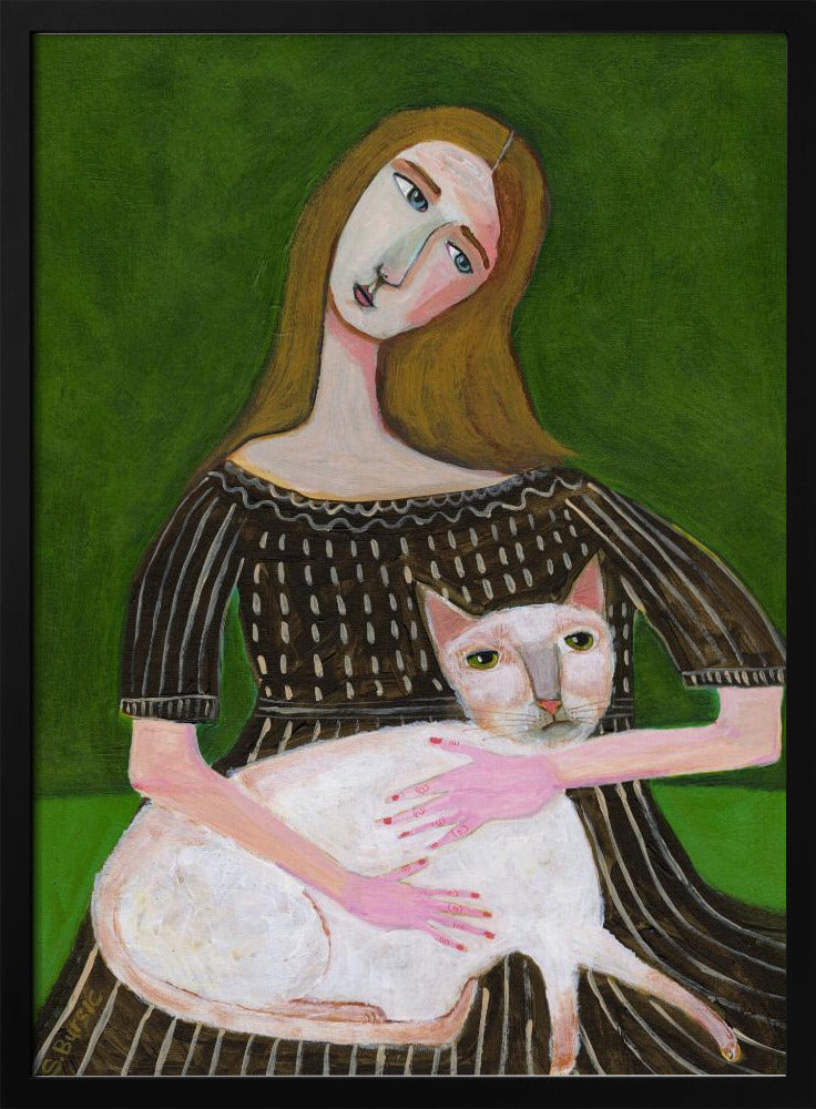 vintage lady with white cat | Poster