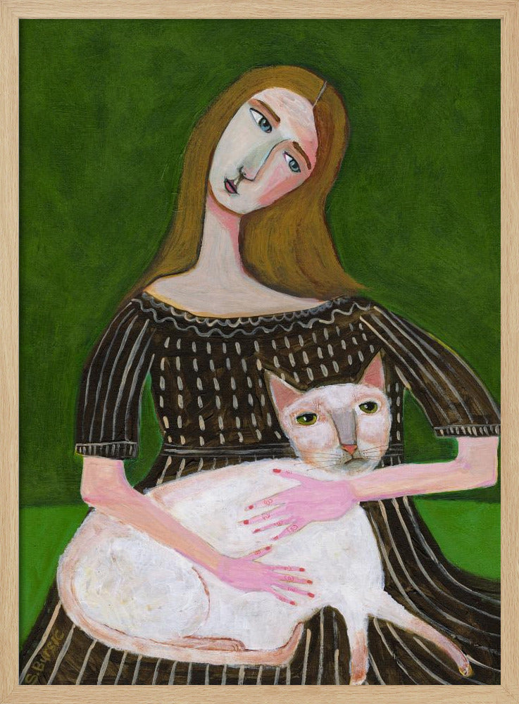 vintage lady with white cat | Poster