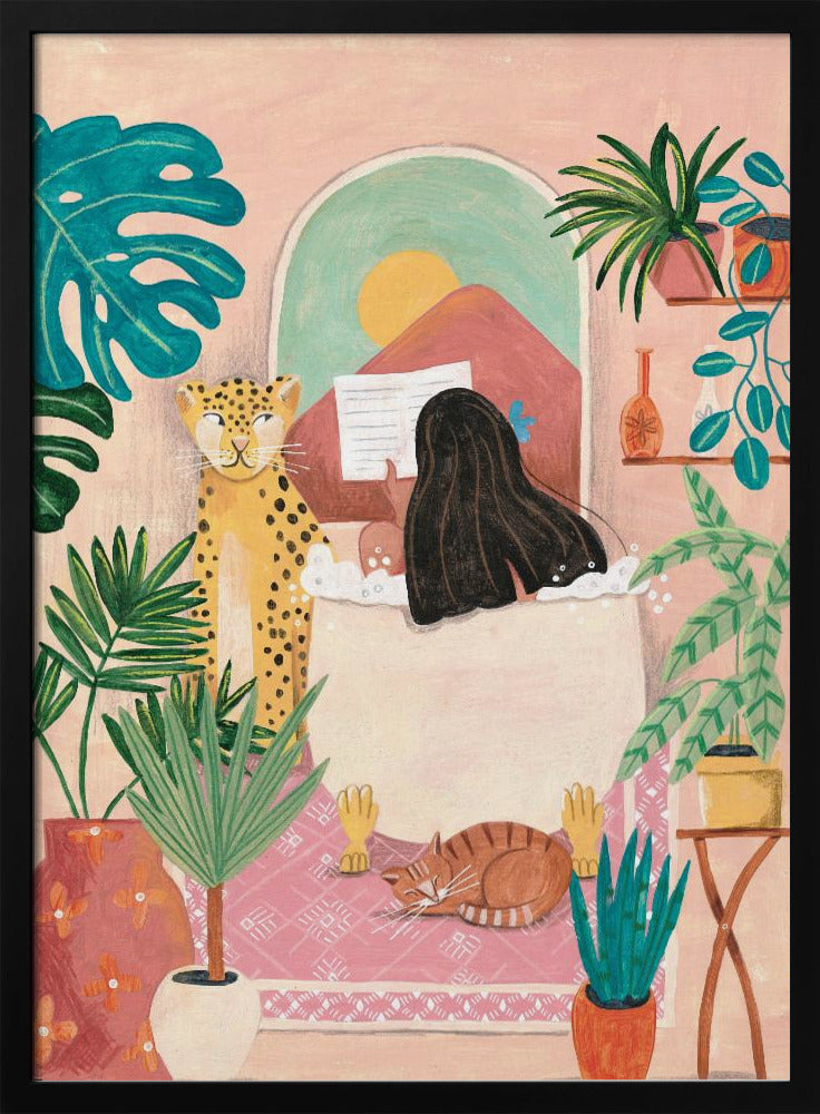 Woman taking bath in pink tropical bathroom | Poster