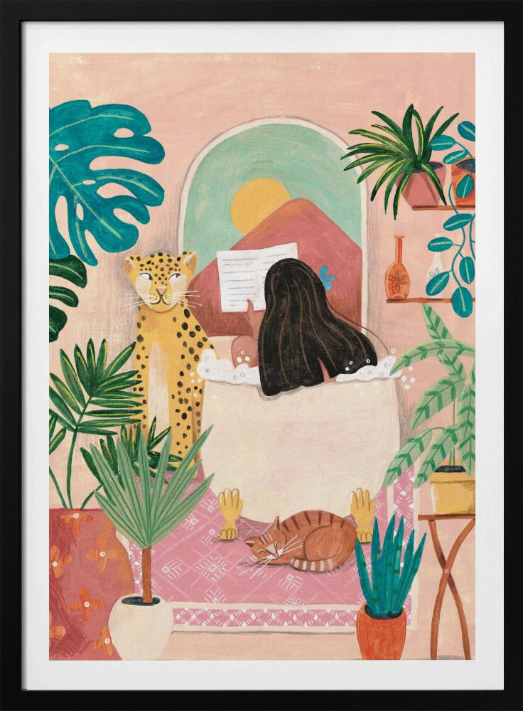 Woman taking bath in pink tropical bathroom | Poster