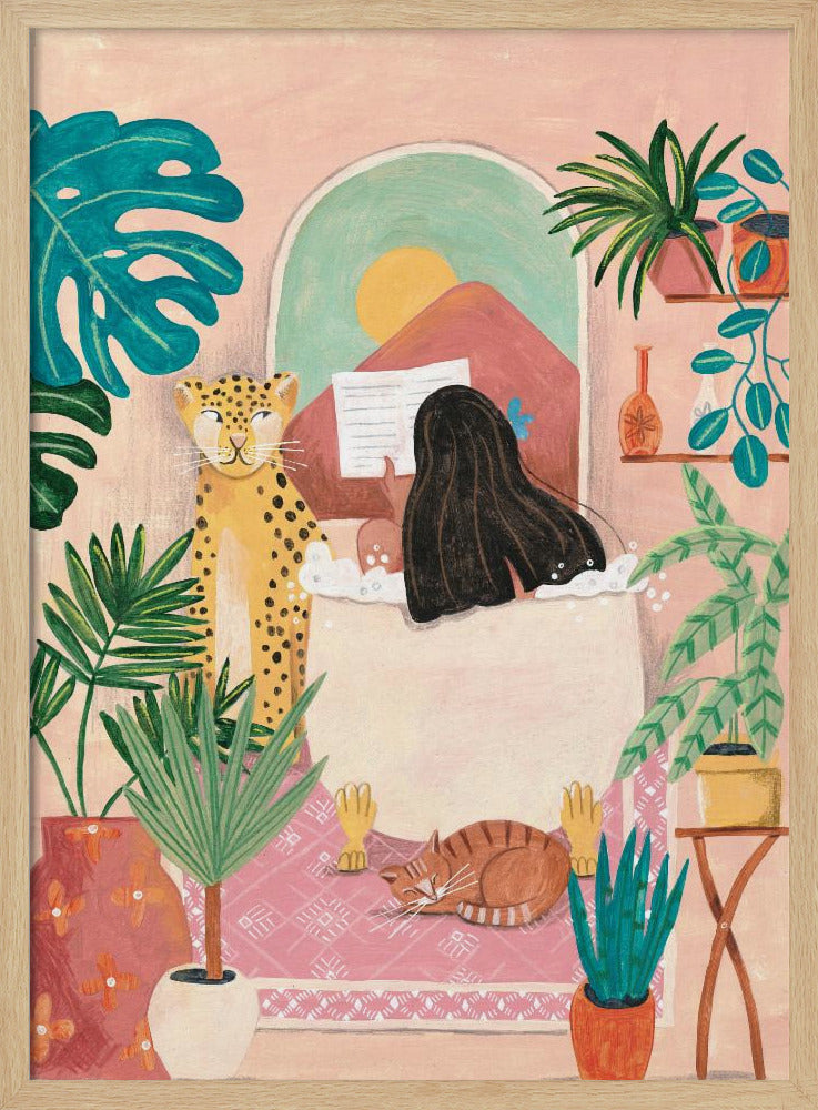 Woman taking bath in pink tropical bathroom | Poster