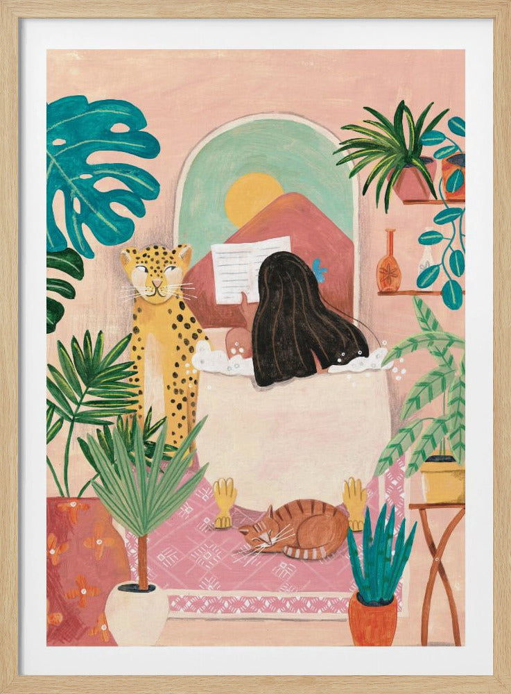 Woman taking bath in pink tropical bathroom | Poster