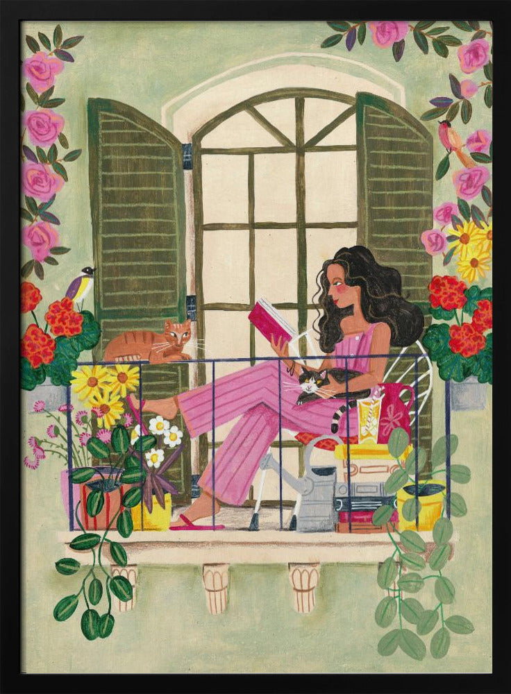 Woman reads on balcony | Poster