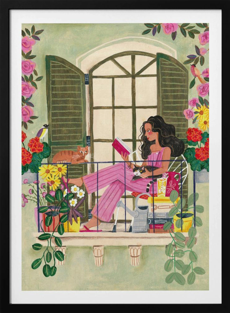 Woman reads on balcony | Poster