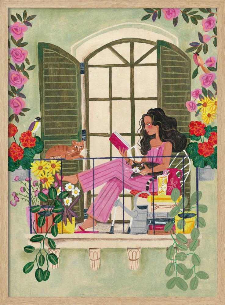 Woman reads on balcony | Poster