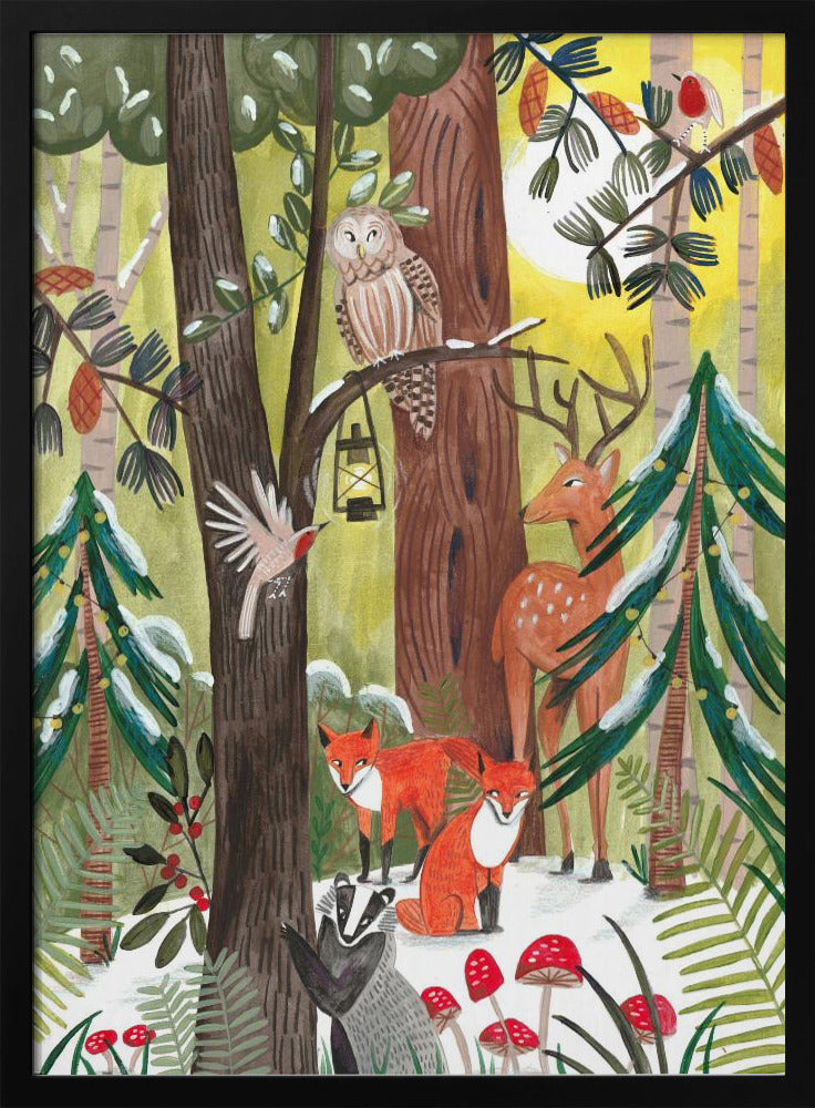 Green Christmas forest with animals | Poster