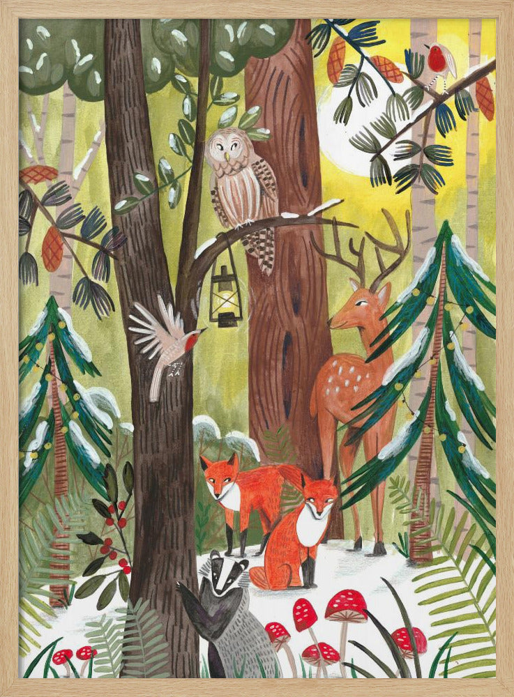 Green Christmas forest with animals | Poster