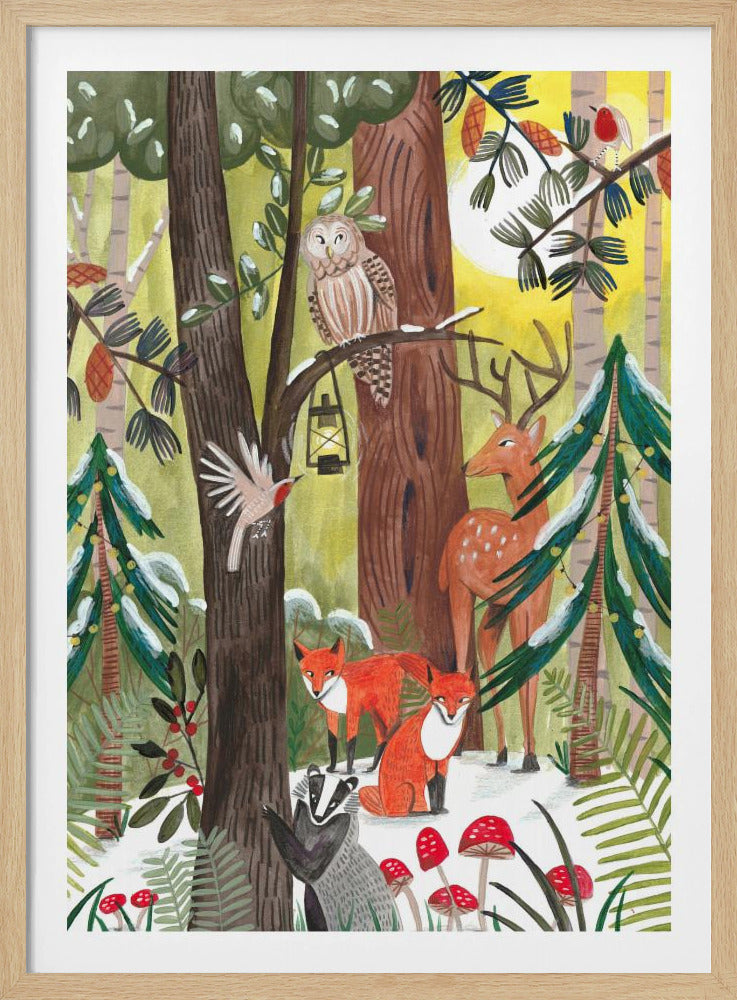 Green Christmas forest with animals | Poster