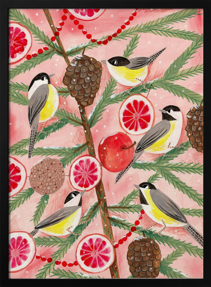 Winter birds Tits in the pine tree at Christmas | Poster