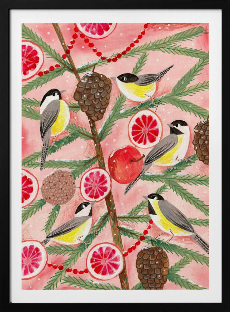 Winter birds Tits in the pine tree at Christmas | Poster