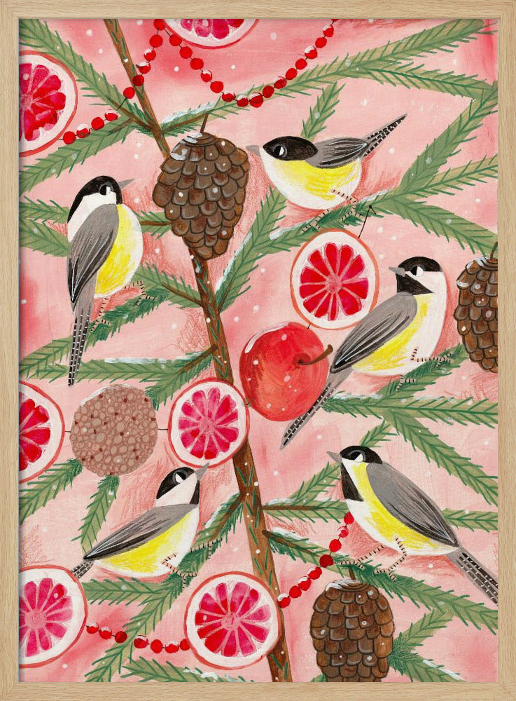 Winter birds Tits in the pine tree at Christmas | Poster