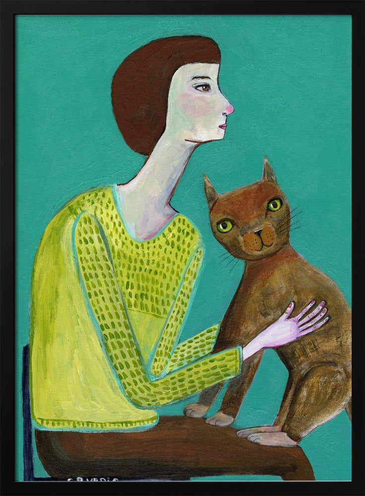 Lady Sitting with Brown Cat Cat Lover | Poster