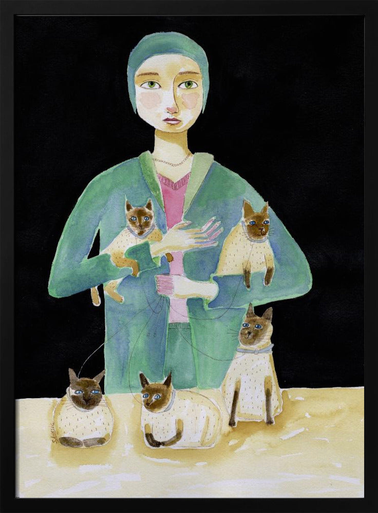 Lady with Five Siamese Cats | Poster