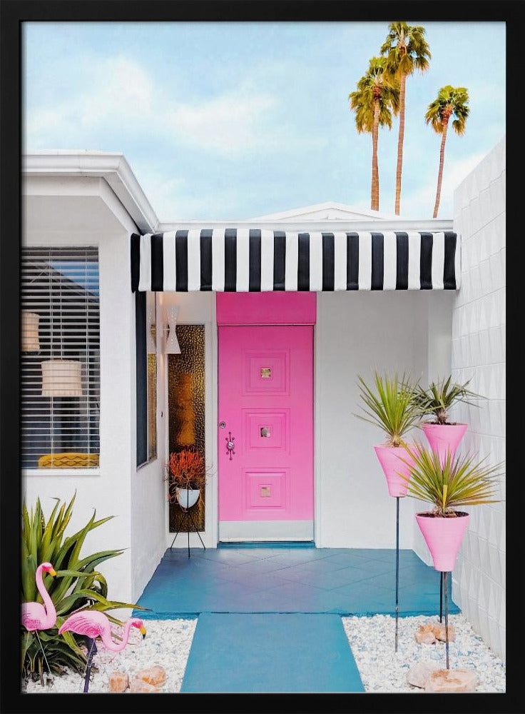 Pink Door with Yard Flamingos | Poster