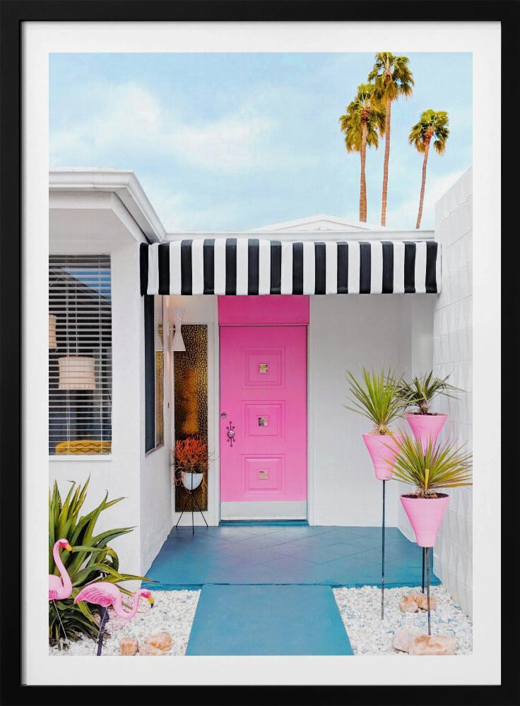 Pink Door with Yard Flamingos | Poster