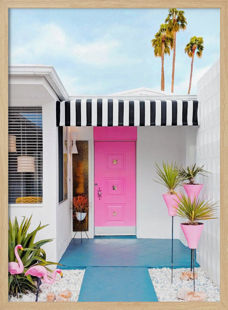 Pink Door with Yard Flamingos | Poster