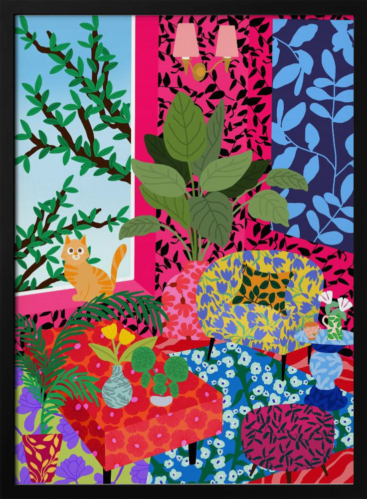 Cat in Flower Power Livingroom | Poster