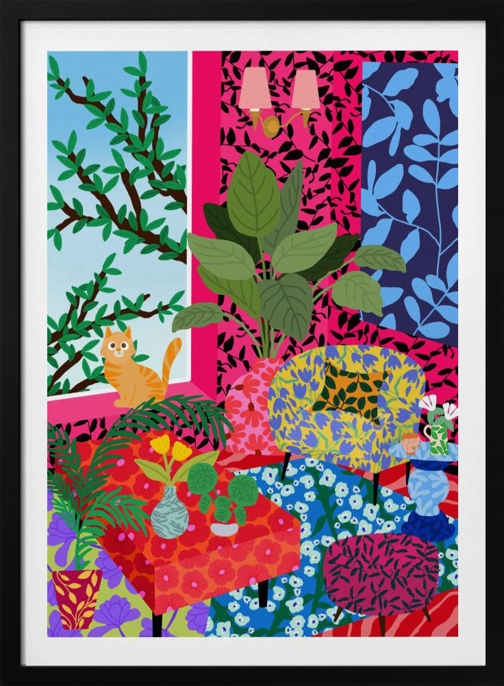 Cat in Flower Power Livingroom | Poster