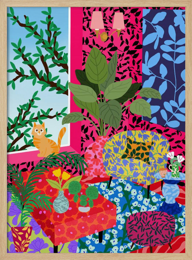 Cat in Flower Power Livingroom | Poster