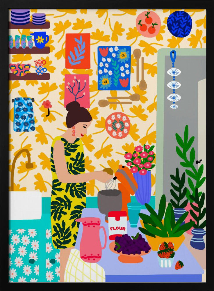 A Woman In A Kitchen With Flowers | Poster