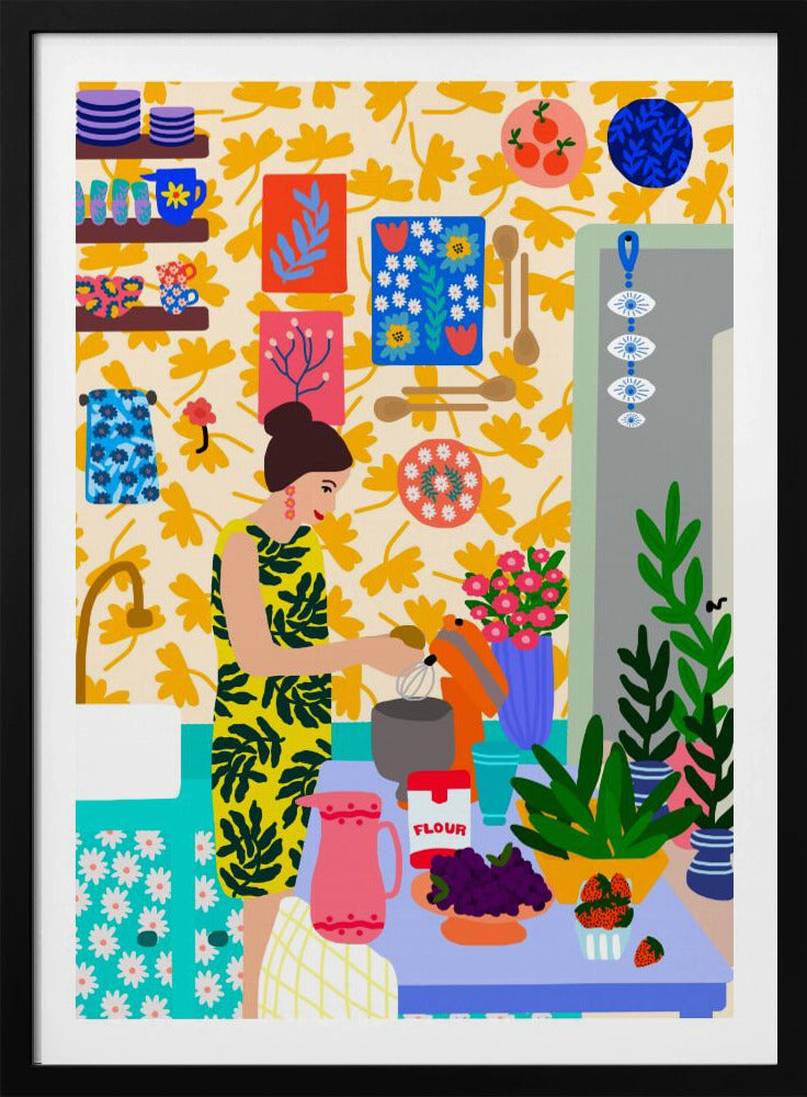 A Woman In A Kitchen With Flowers | Poster
