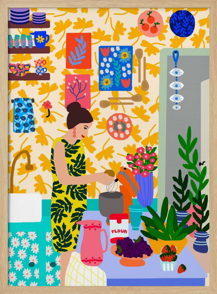 A Woman In A Kitchen With Flowers | Poster