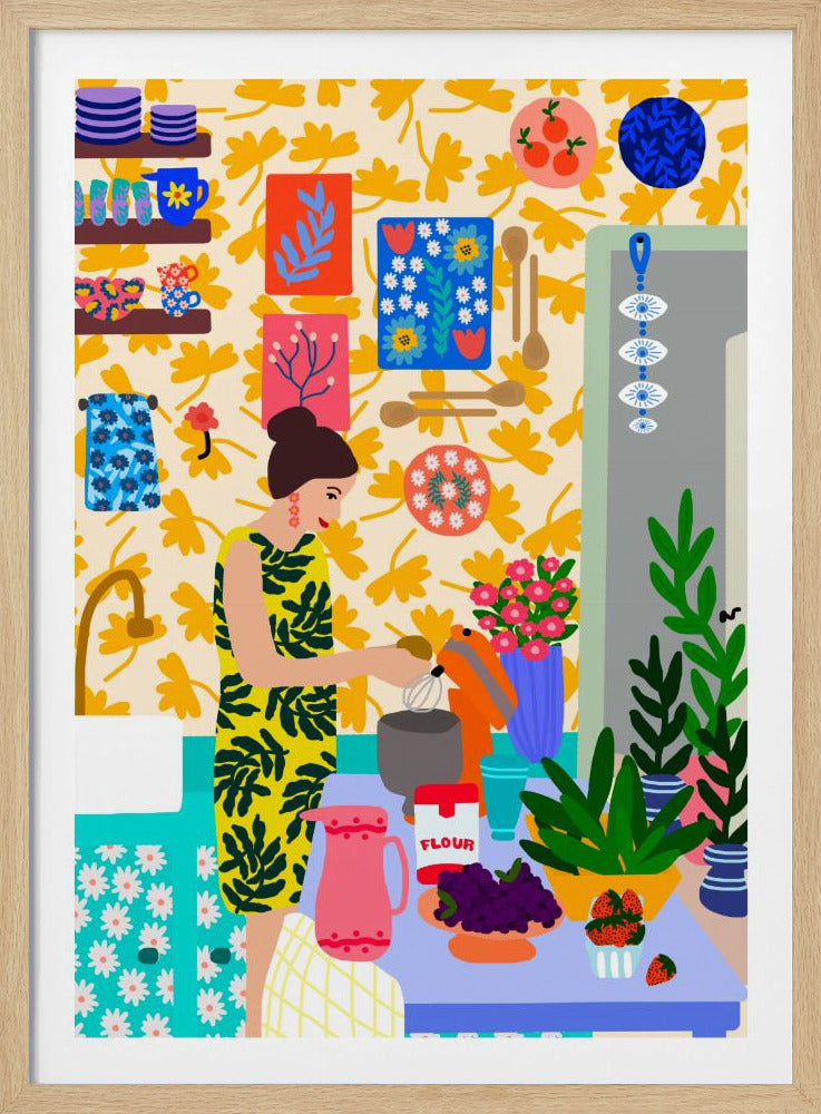 A Woman In A Kitchen With Flowers | Poster