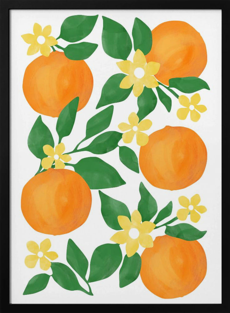 Oranges with Green Leaves and Delicate Yellow Flowers | Poster