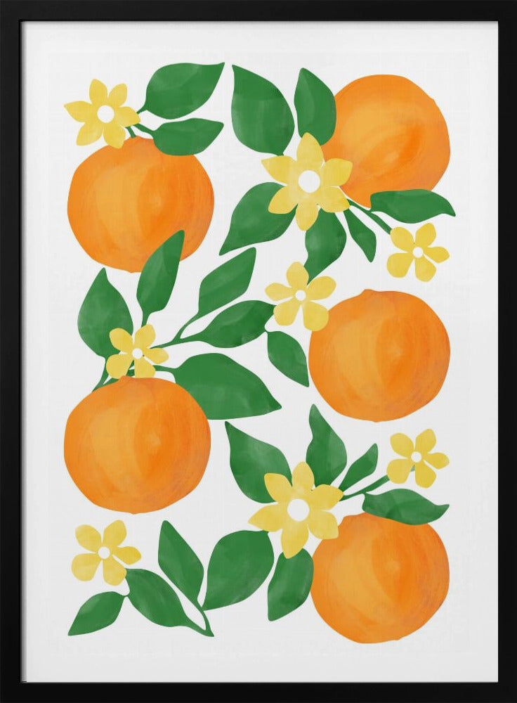 Oranges with Green Leaves and Delicate Yellow Flowers | Poster