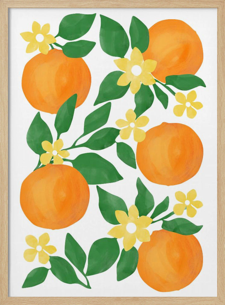 Oranges with Green Leaves and Delicate Yellow Flowers | Poster