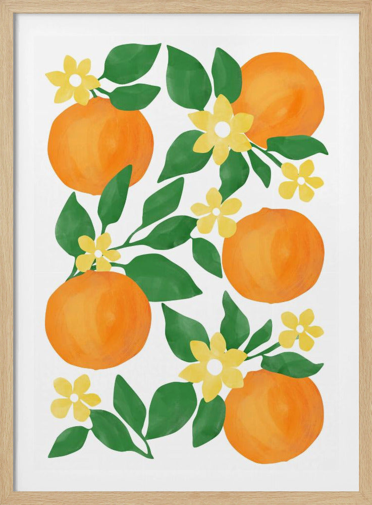Oranges with Green Leaves and Delicate Yellow Flowers | Poster