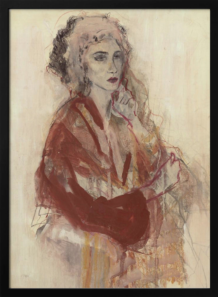 Contemplative Woman In Warm Red Tones | Poster