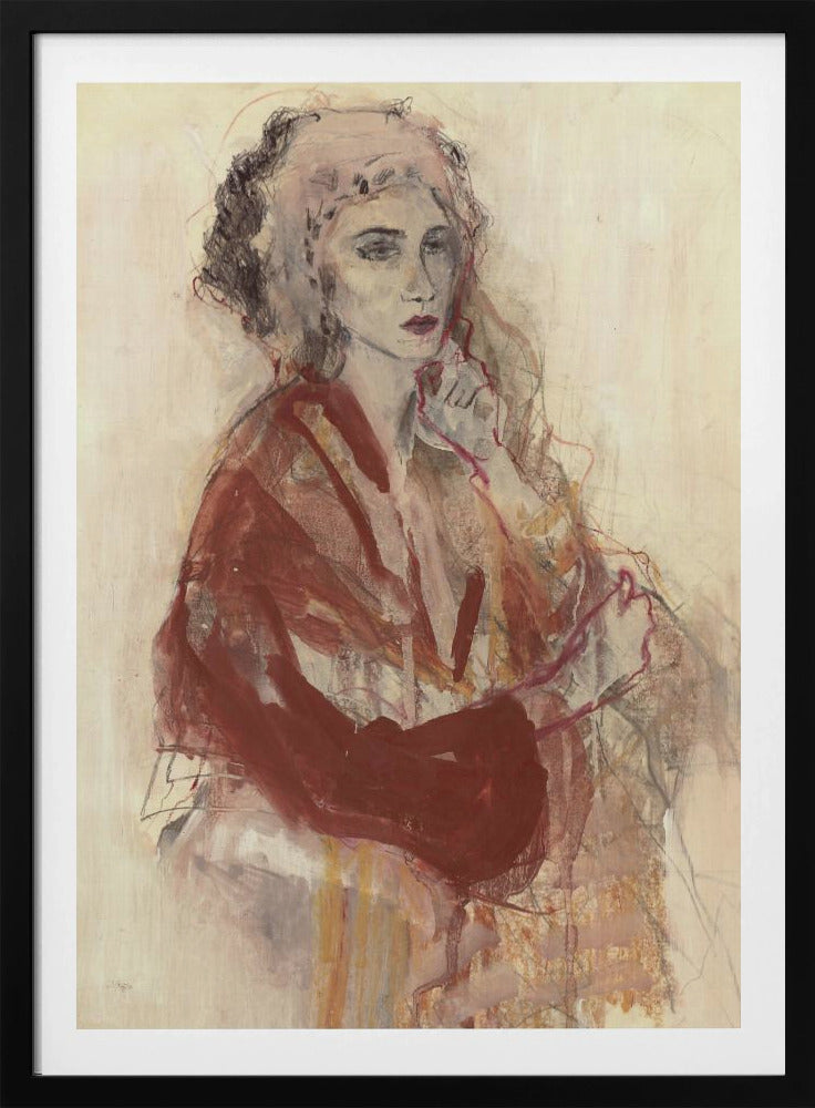 Contemplative Woman In Warm Red Tones | Poster