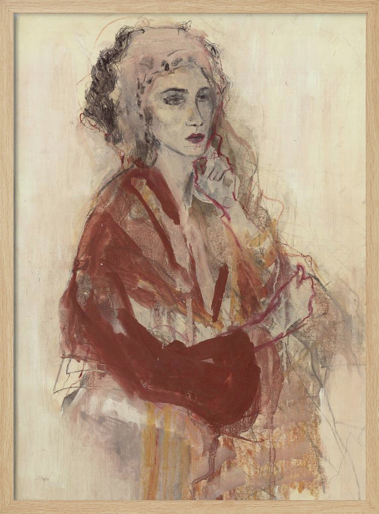 Contemplative Woman In Warm Red Tones | Poster