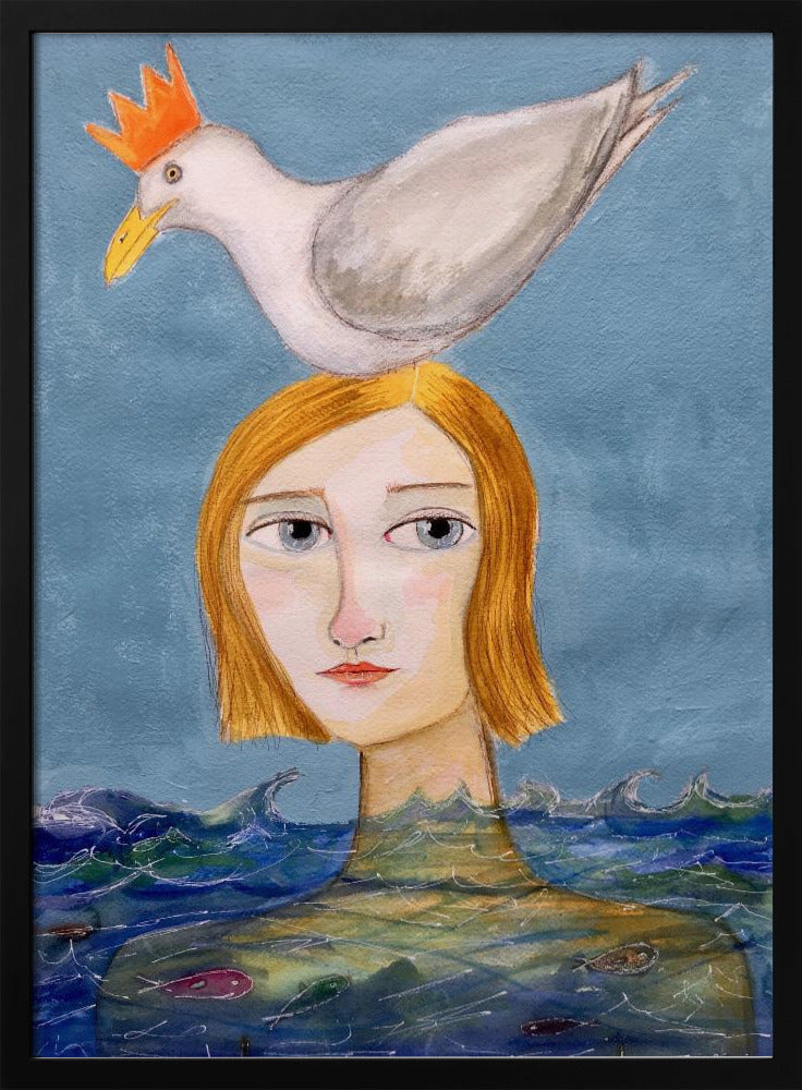 Lady swimmer with seagull | Poster