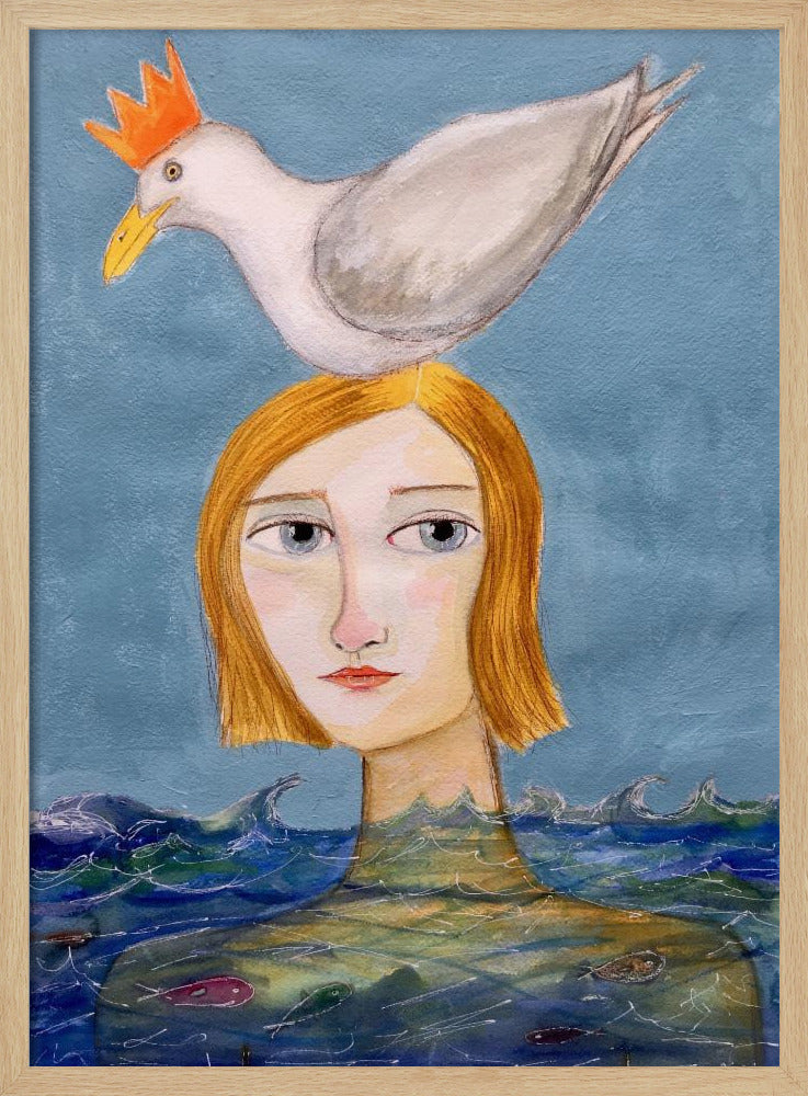 Lady swimmer with seagull | Poster