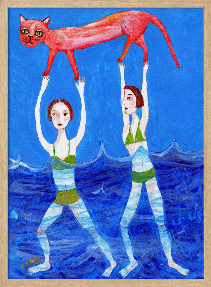 Two swimmers with pink cat | Poster